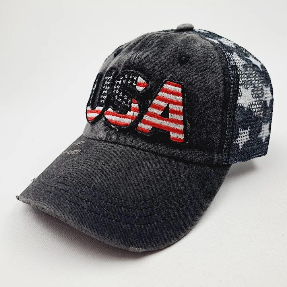 Patriotic USA Embroidered Patch Ponytail Hat Cap Mesh Net Stars Black